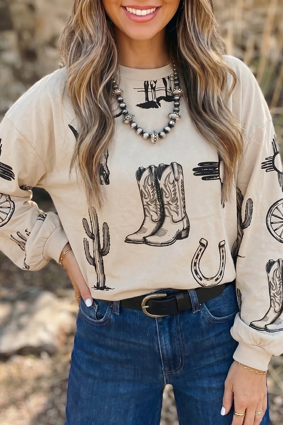 Khaki Western Print Top