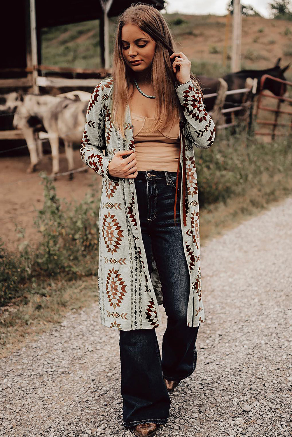 Western Aztec Printed Long Cardigan