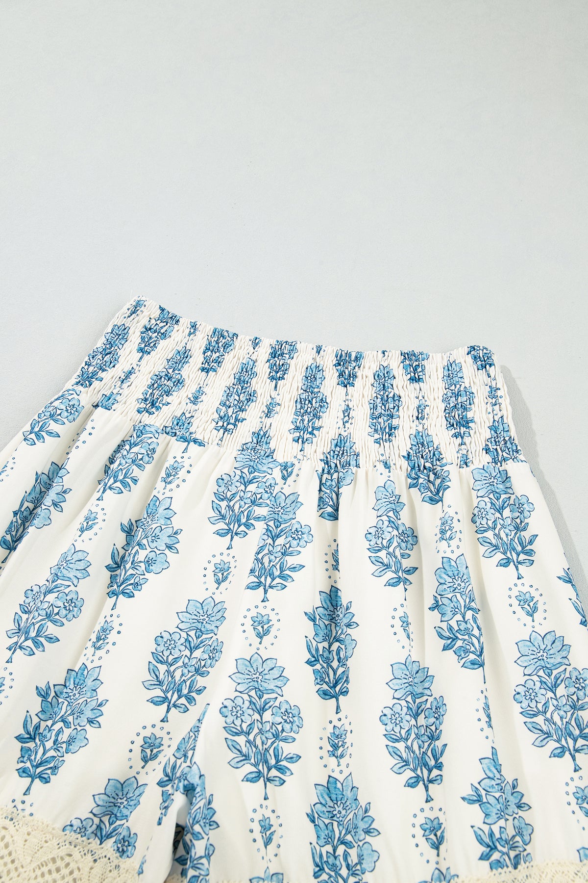 Blue Floral Leg Pants with Lace Detail