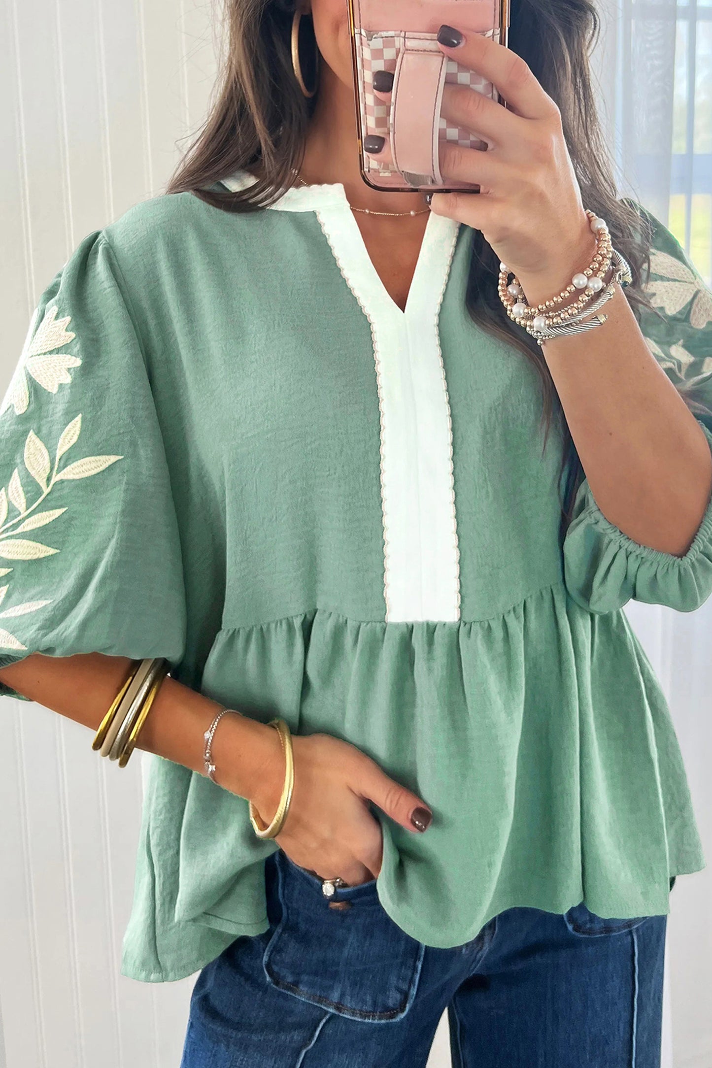 Embroidered Puff Sleeve Blouse