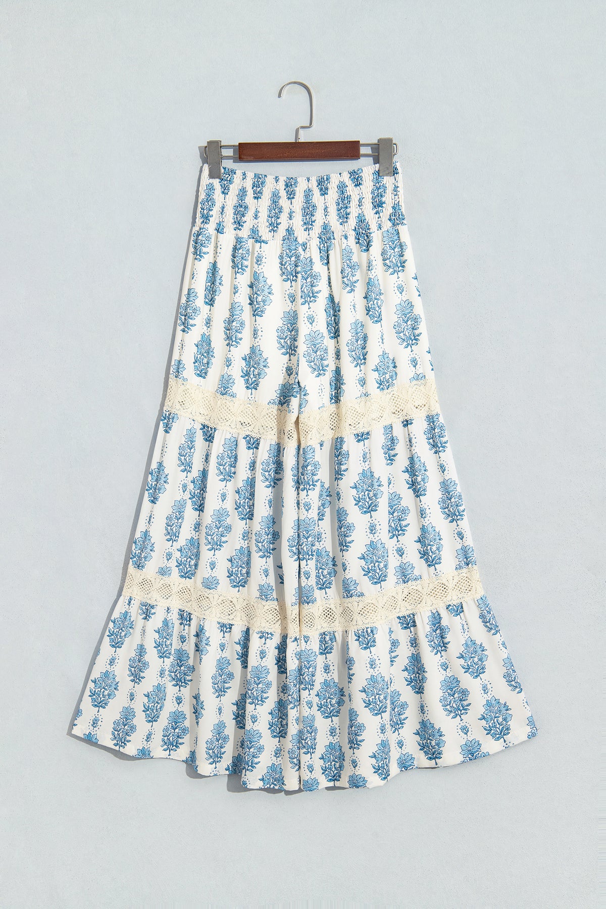 Blue Floral Leg Pants with Lace Detail
