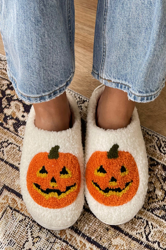 White Halloween Pumpkin Plush Slippers