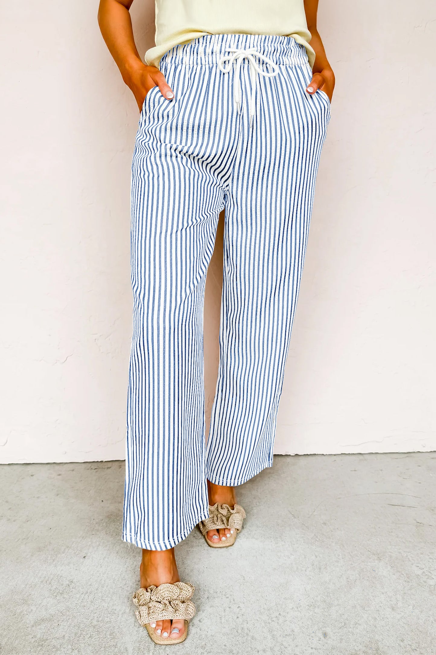 Blue Stripe Drawstring Ankle Pants