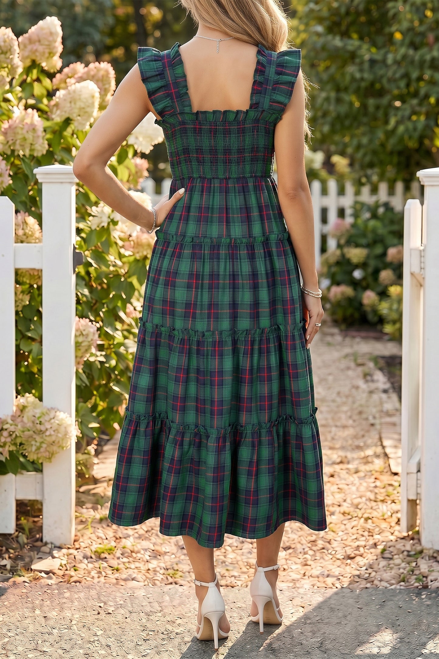 Green Plaid Tiered Midi Dress