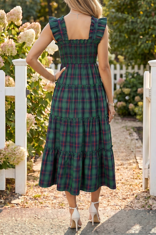 Green Plaid Tiered Midi Dress