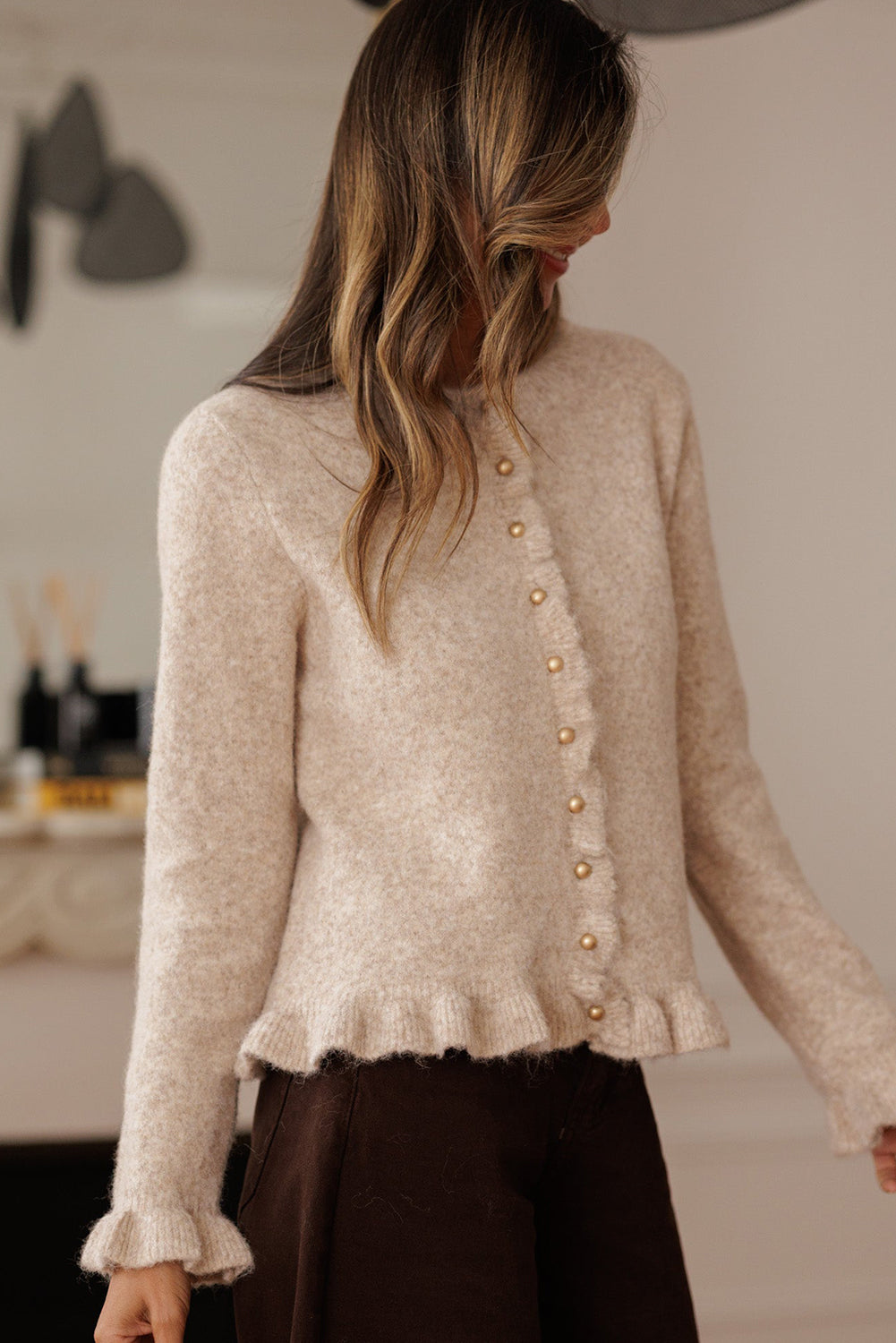 Oatmeal Ruffle Trim Cardigan
