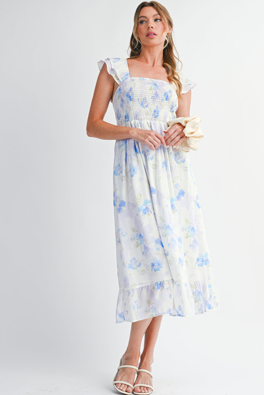 Sky Blue Floral Smocked Dress