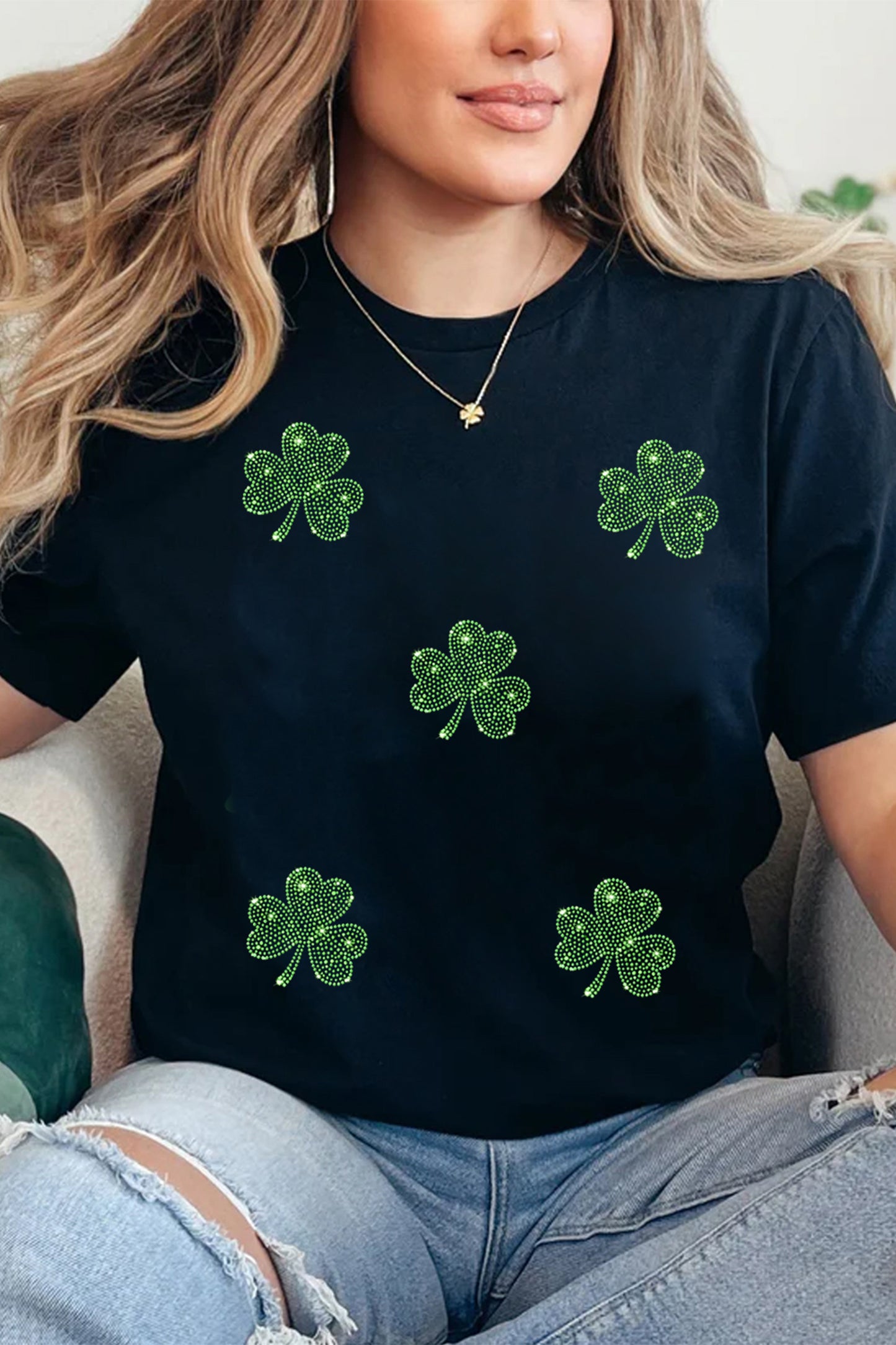 Black St Patrick's Day Rhinestone Shamrock Tee