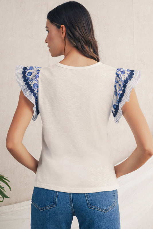 Blue Floral Flutter Sleeve Top