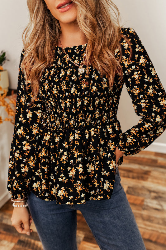 Black Floral Smocked Top