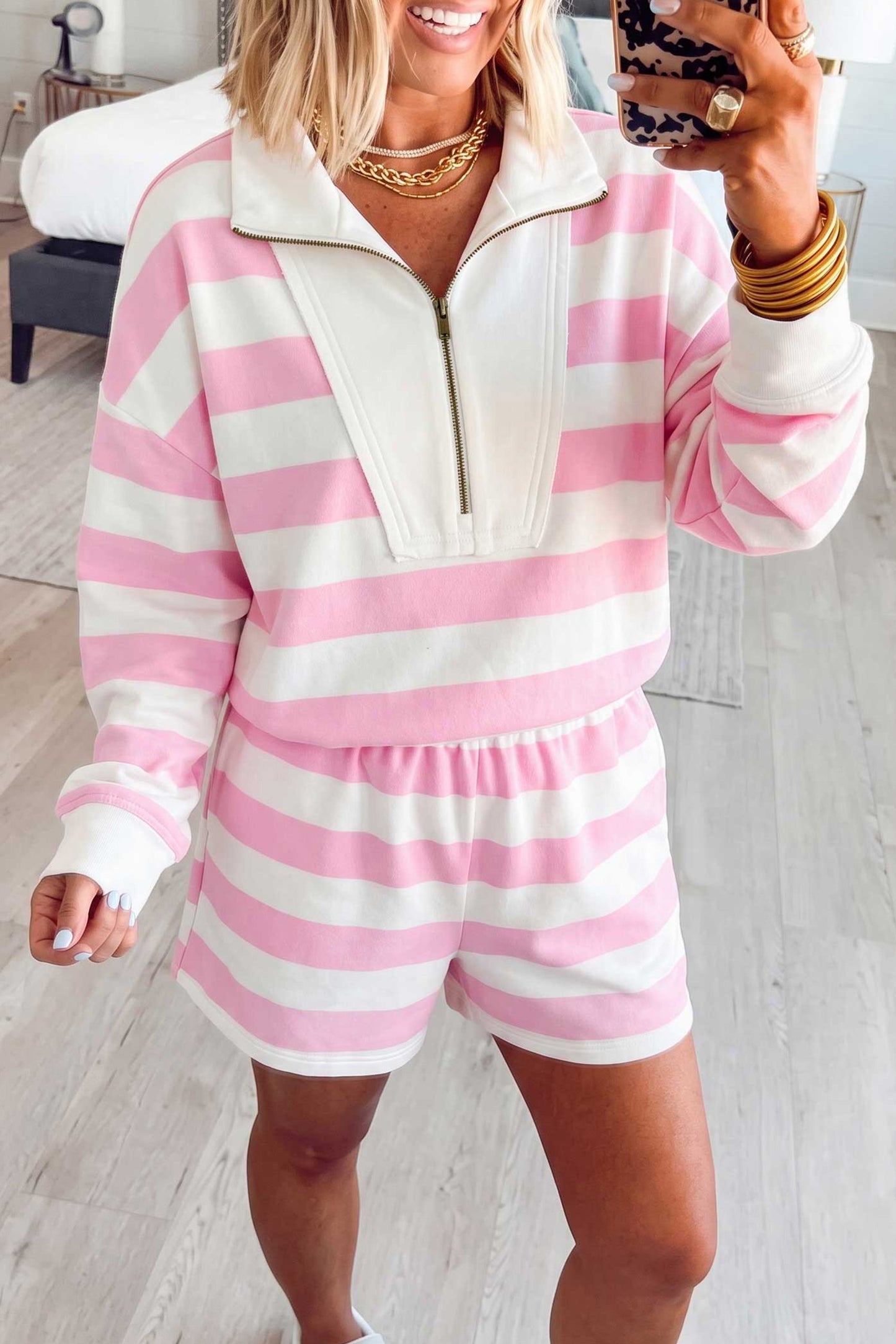 Pink Stripe Shorts Set