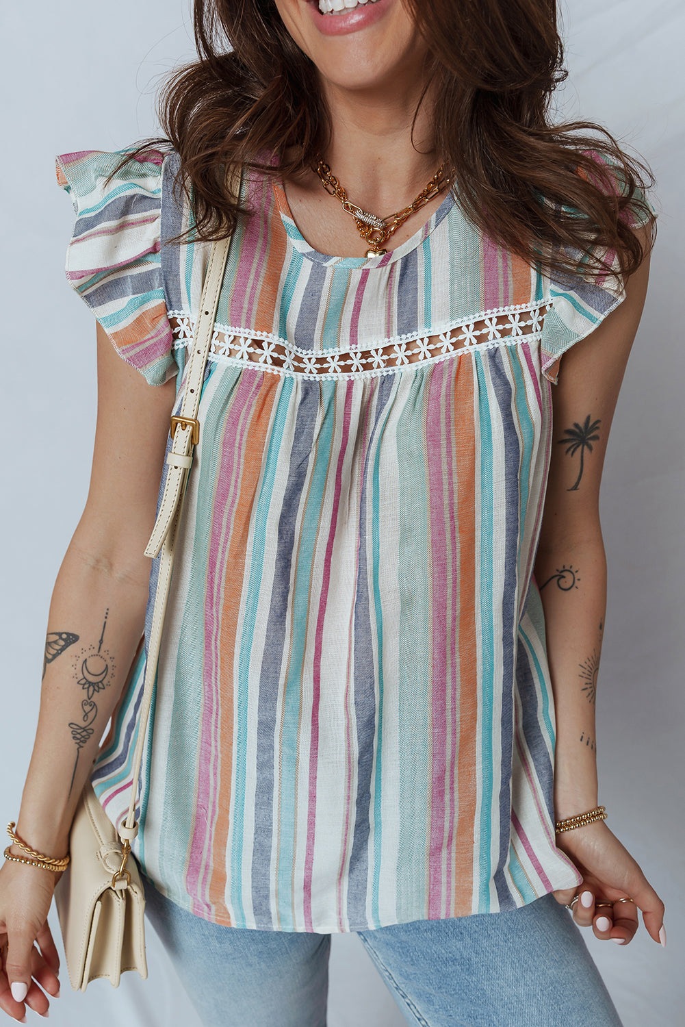 Striped Lace Trim Boho Top