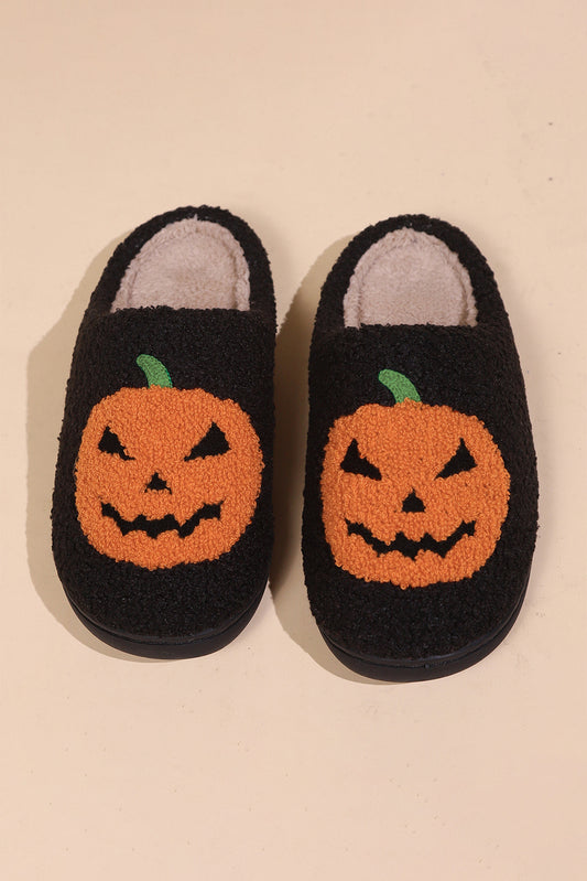 Black Halloween Pumpkin Plush Slippers