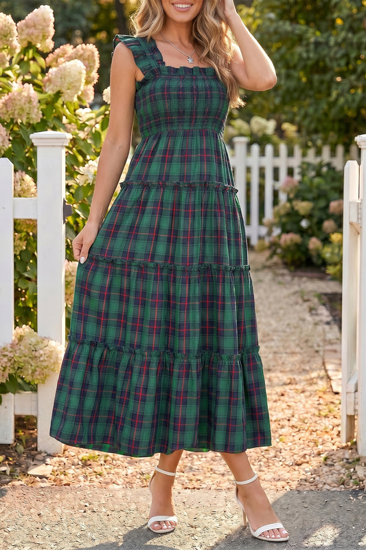 Green Plaid Tiered Midi Dress