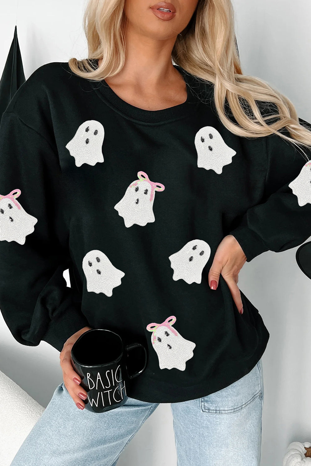 Black Sequin Cute Ghost Halloween Sweatshirt