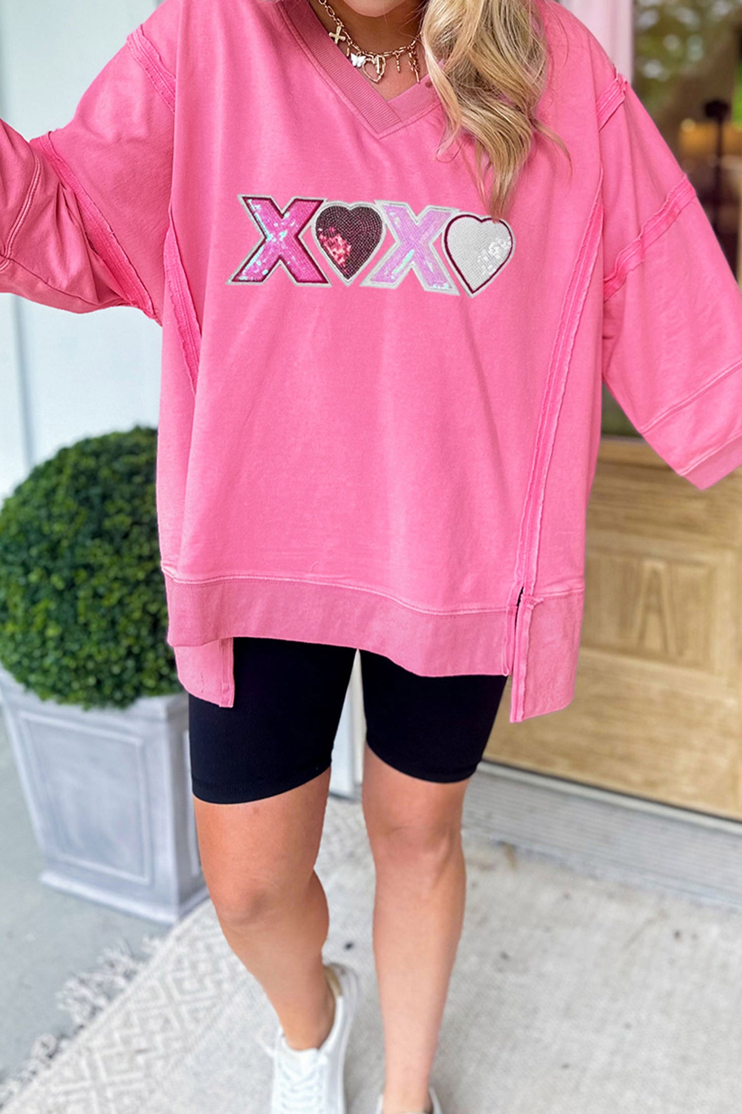 Pink Sequin XOXO Raw Seamed Top