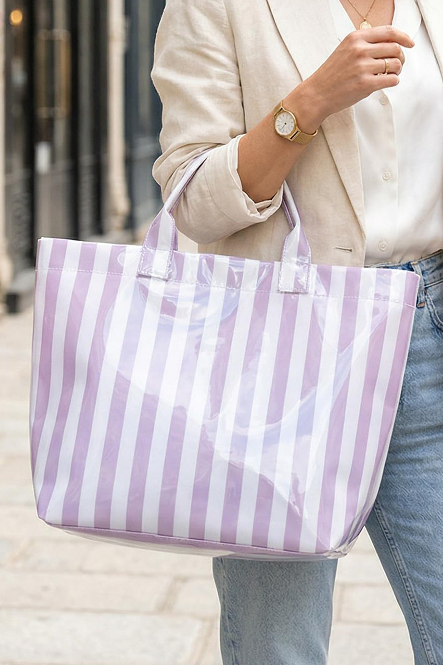 Large Waterproof Striped Carryall Tote Bag