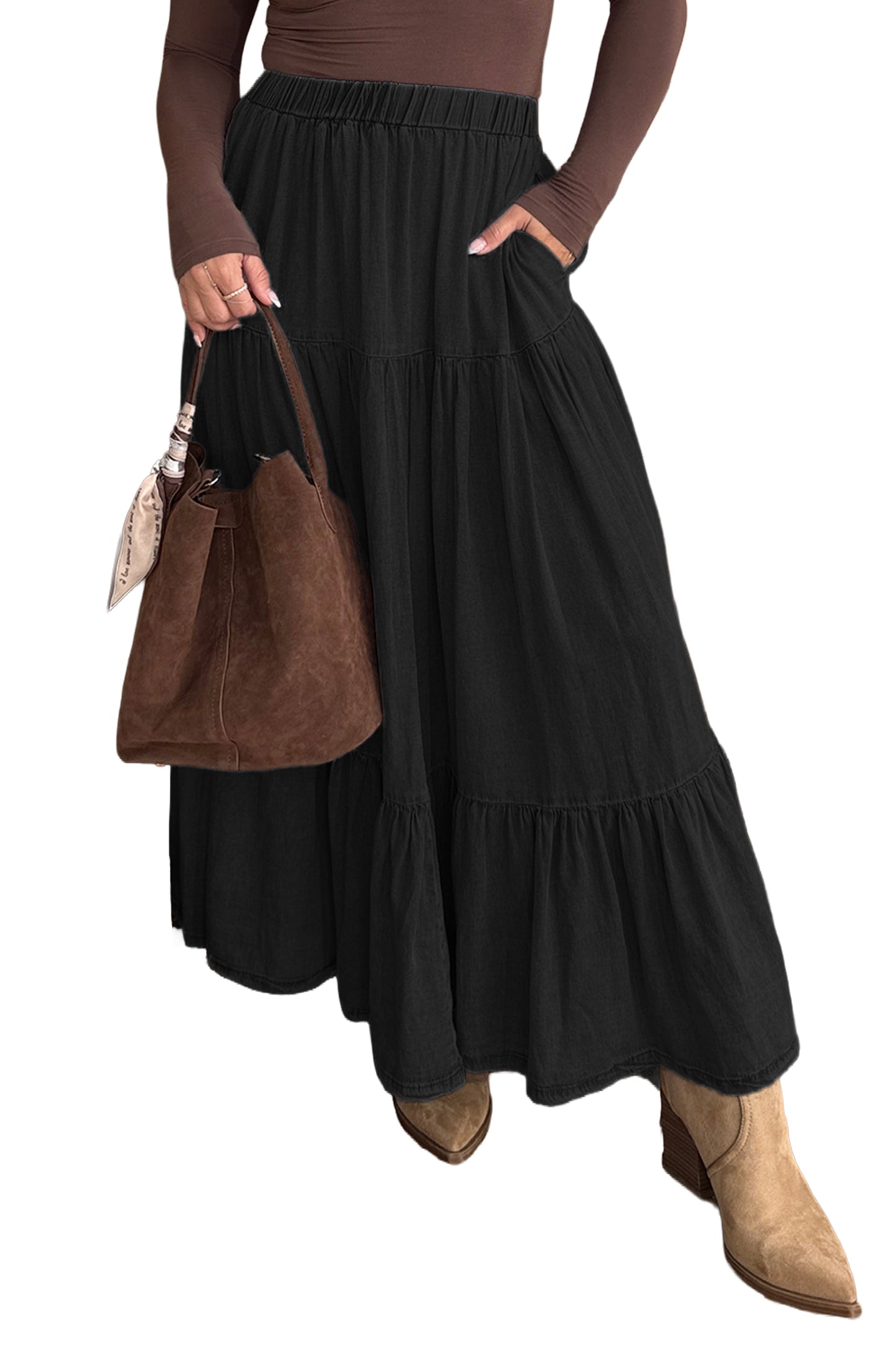 Tiered Flared Denim Maxi Skirt