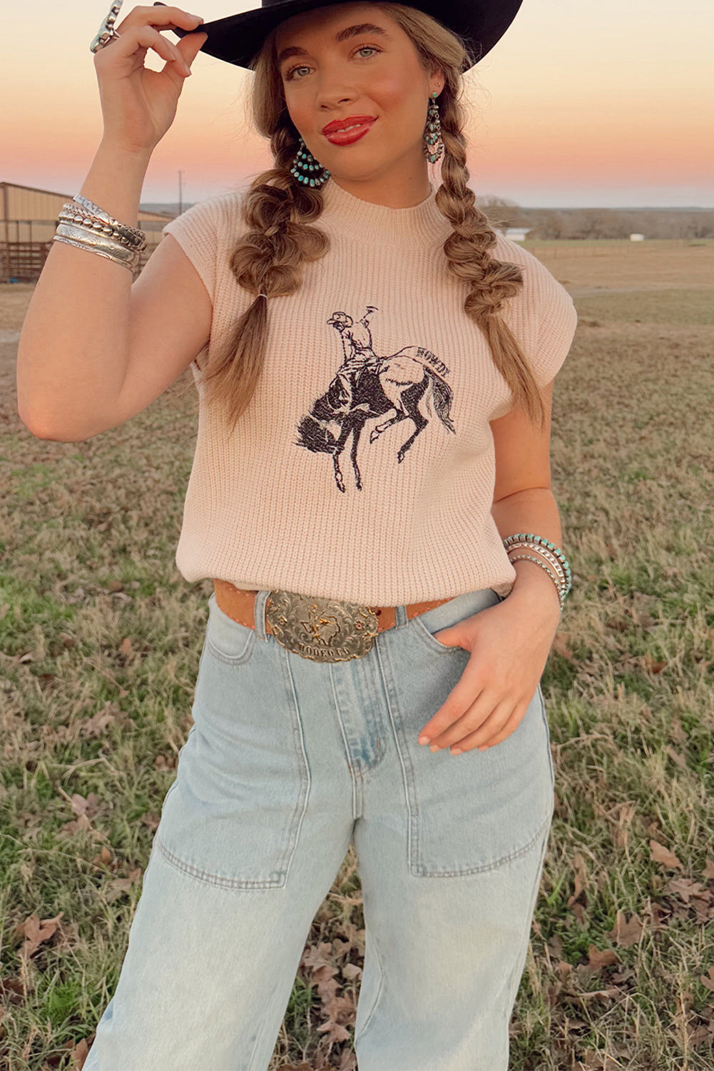 Oatmeal Cowboy Short Sleeve Sweater