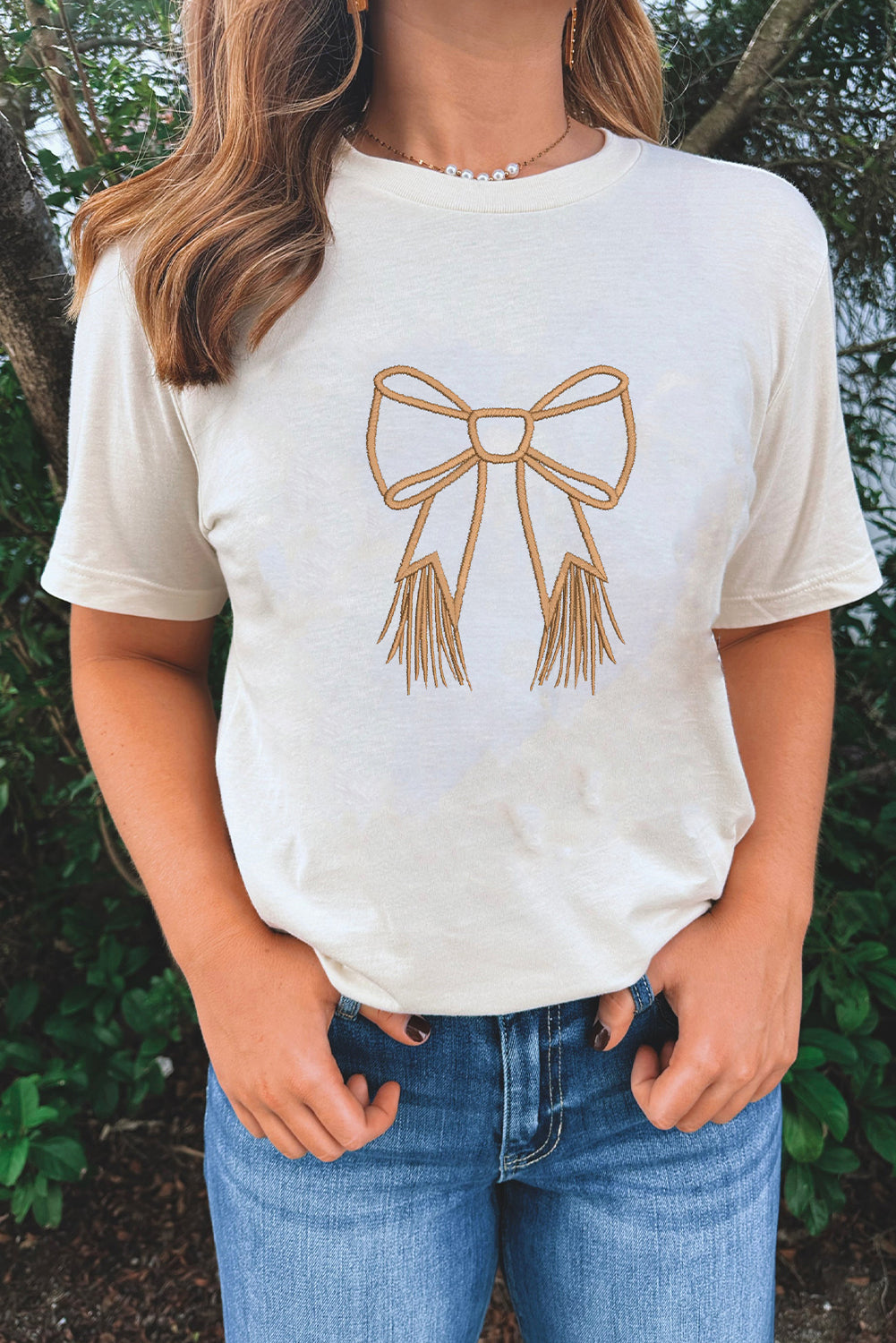 White Tassel Bow Embroidered T Shirt