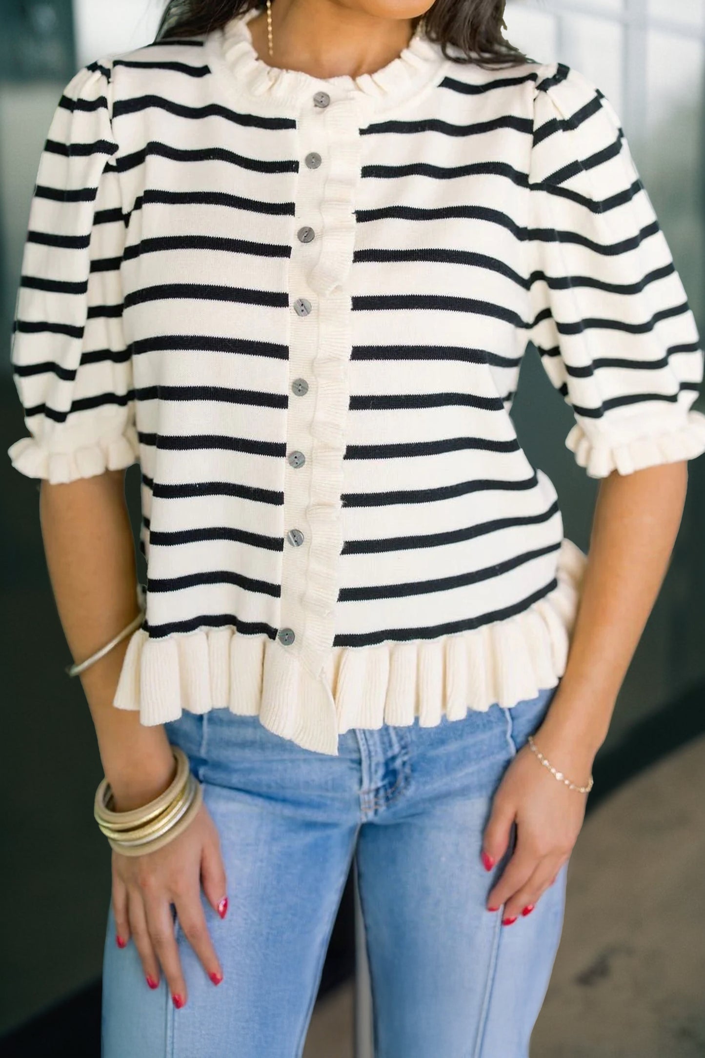 Stripe Ruffle Trim Cardigan