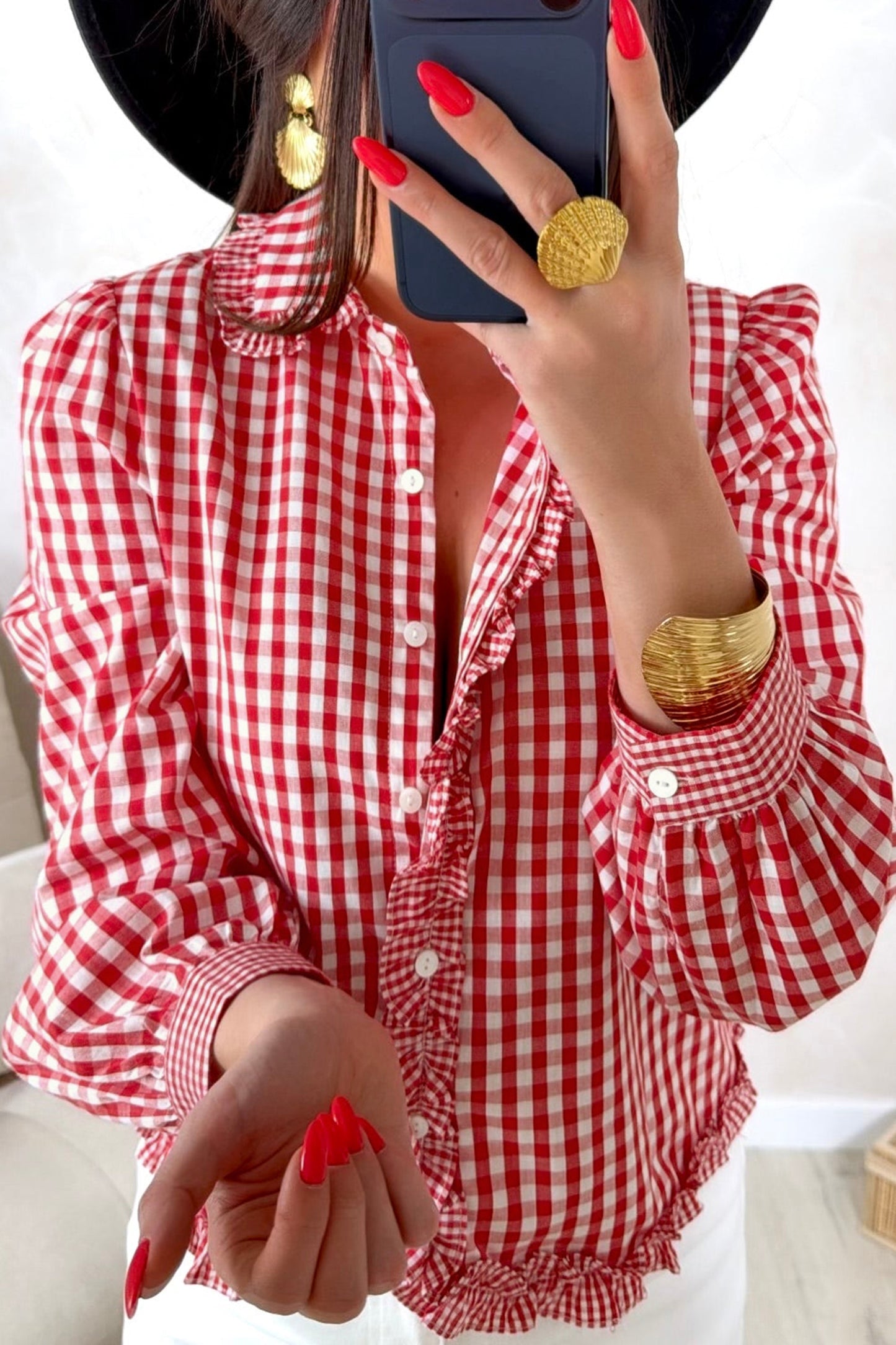 Red Gingham Frilled Blouse