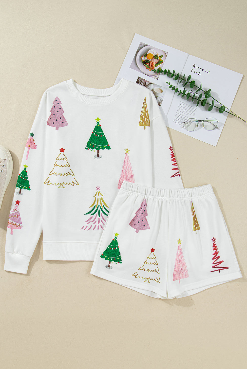 Christmas Tree Long Sleeve Top and Shorts Pajama Set