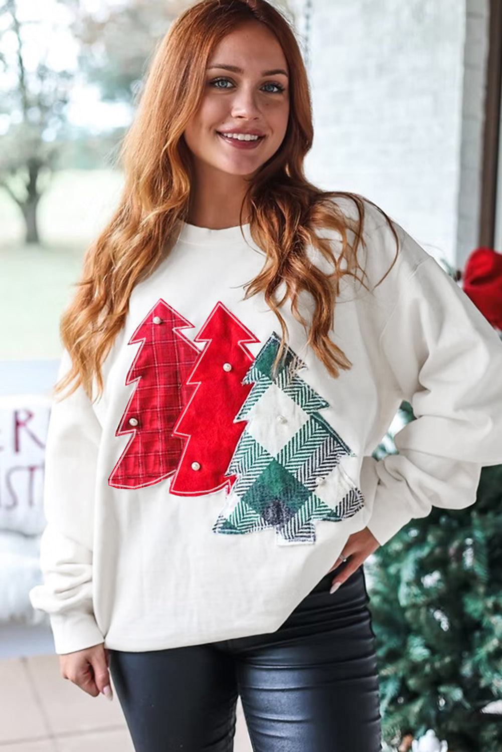 Christmas Tree Sweatshirt with Pearl Accents