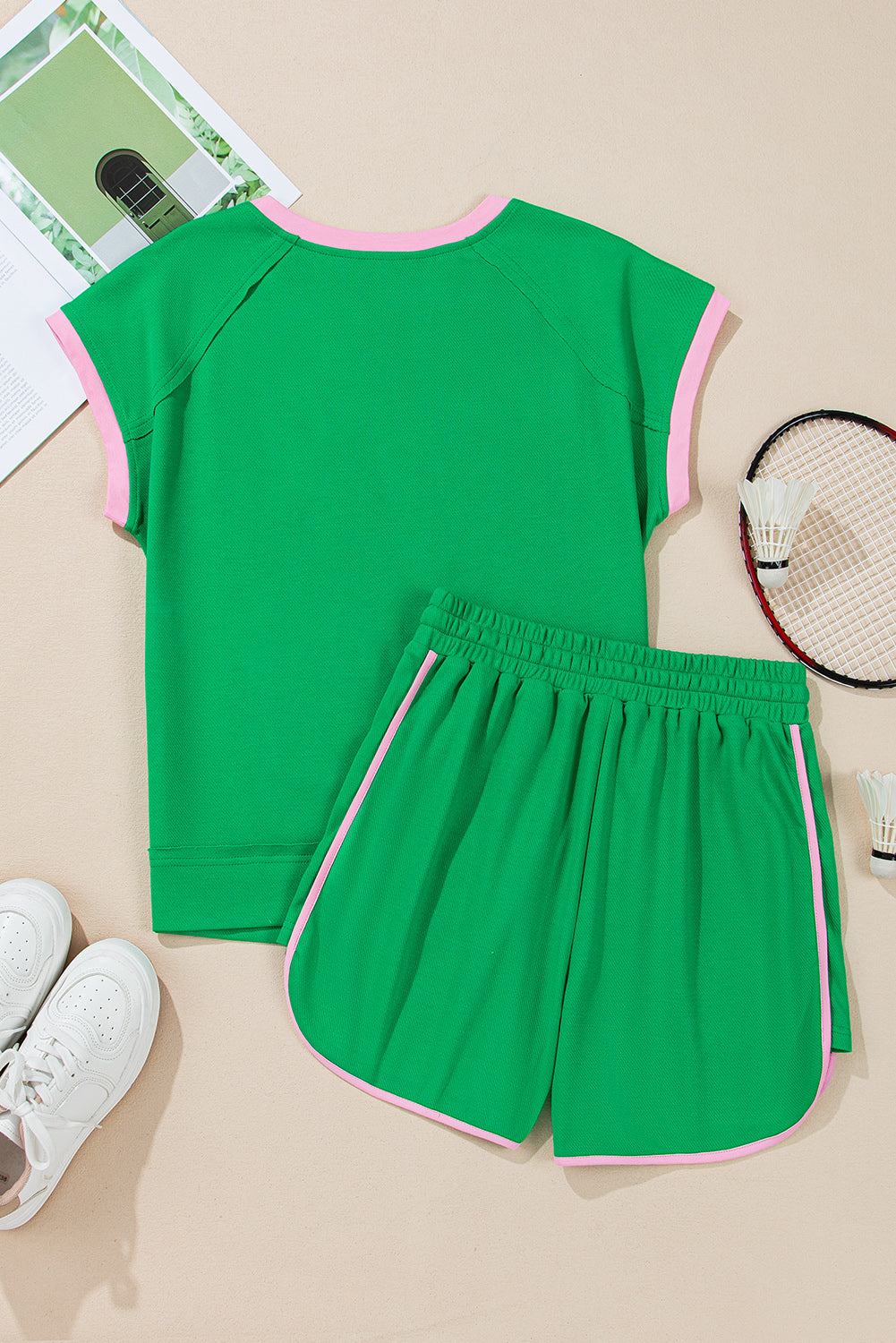 Green Contrast Trim Textured Tee and Shorts Set