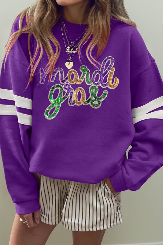 Purple Sequin Mardi Gras Varsity Sweatshirt