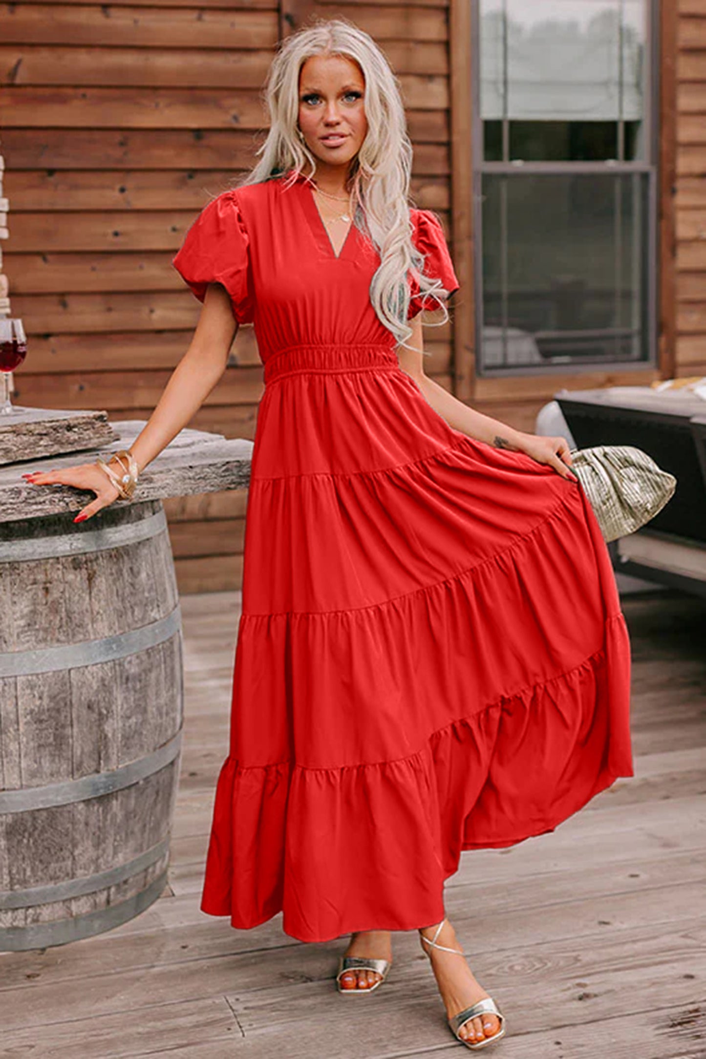 Solid Color V Neck Maxi Dress