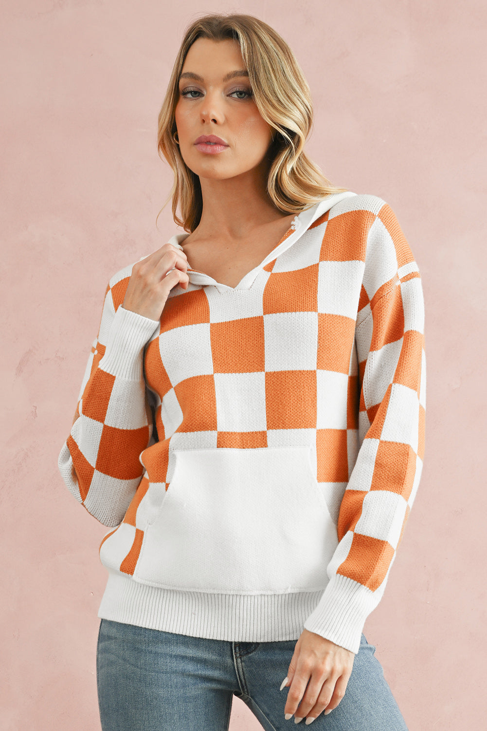 Orange Checkered Split Neck Pocket Hooded Sweater