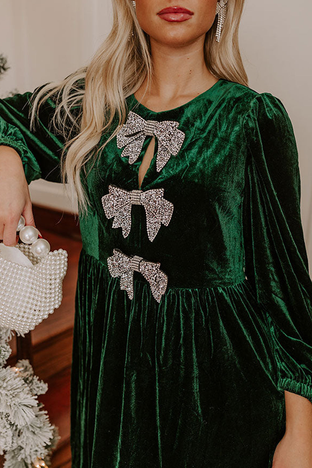 Evergreen Sequin Bow Velvet Dress