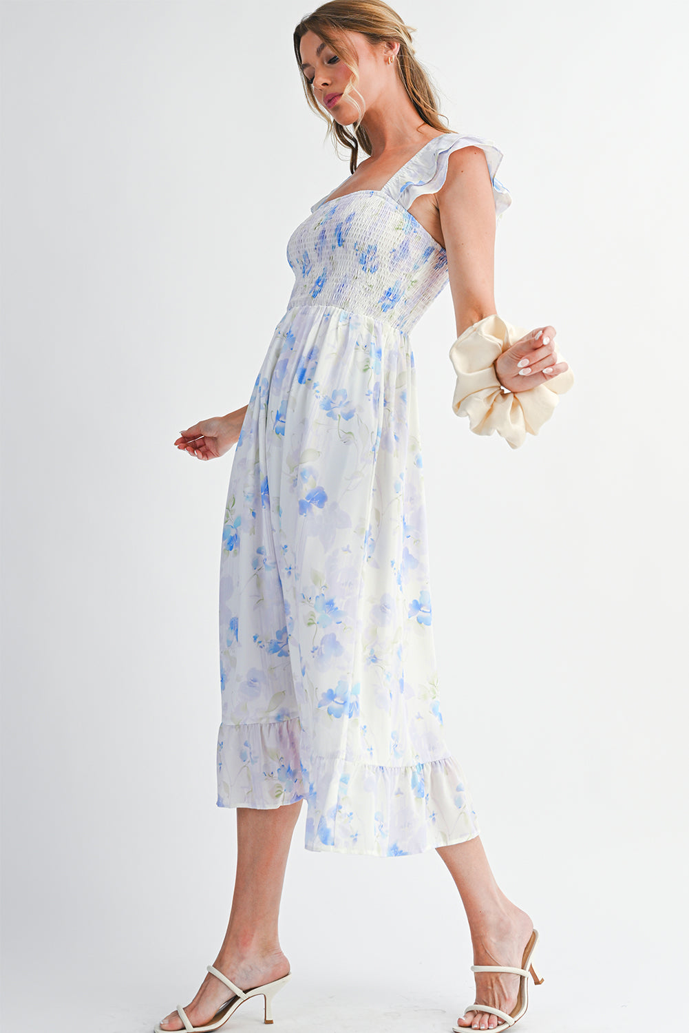 Sky Blue Floral Smocked Dress