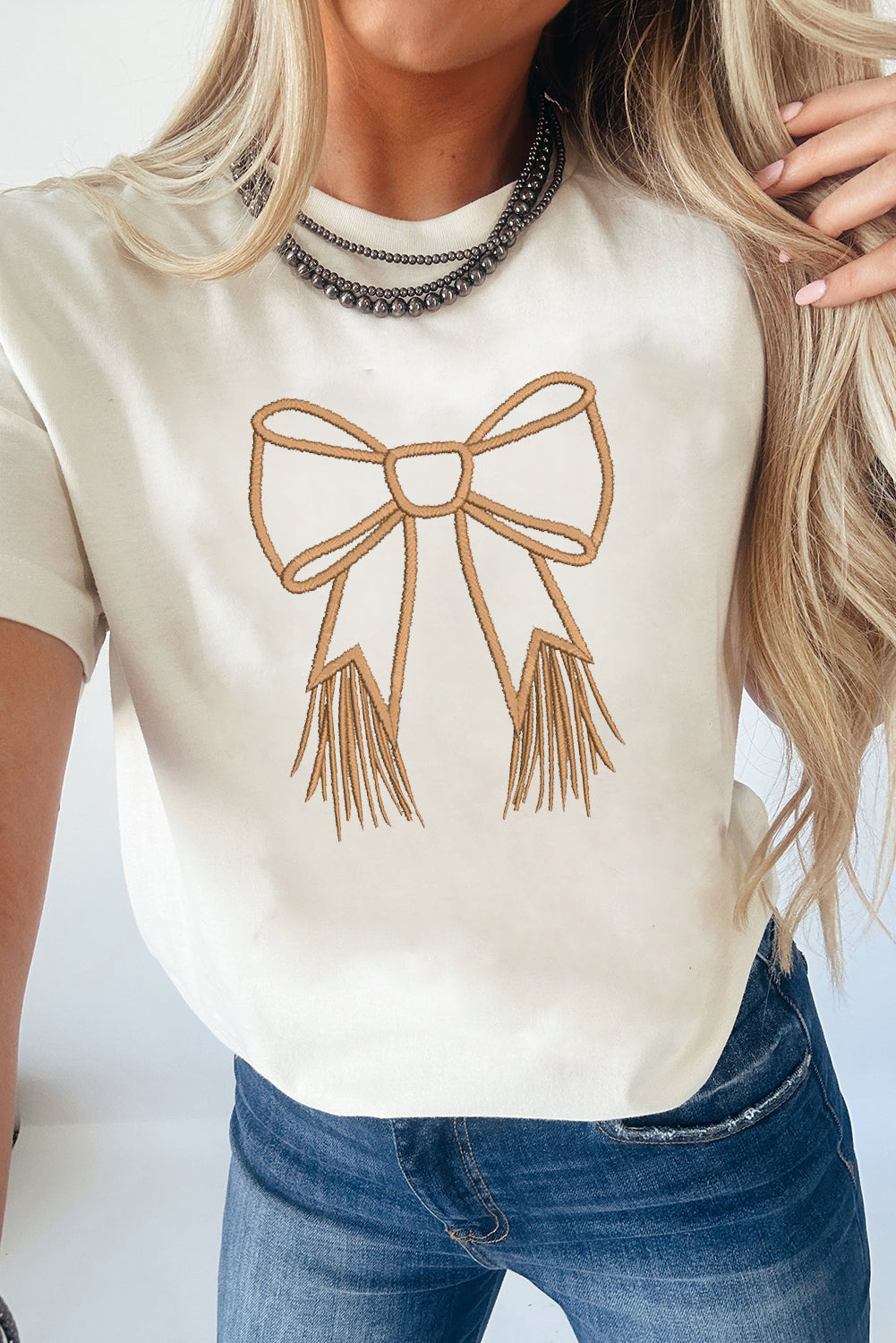 White Tassel Bow Embroidered T Shirt
