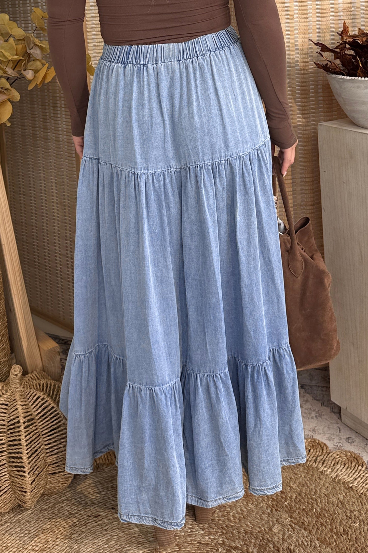 Tiered Flared Denim Maxi Skirt