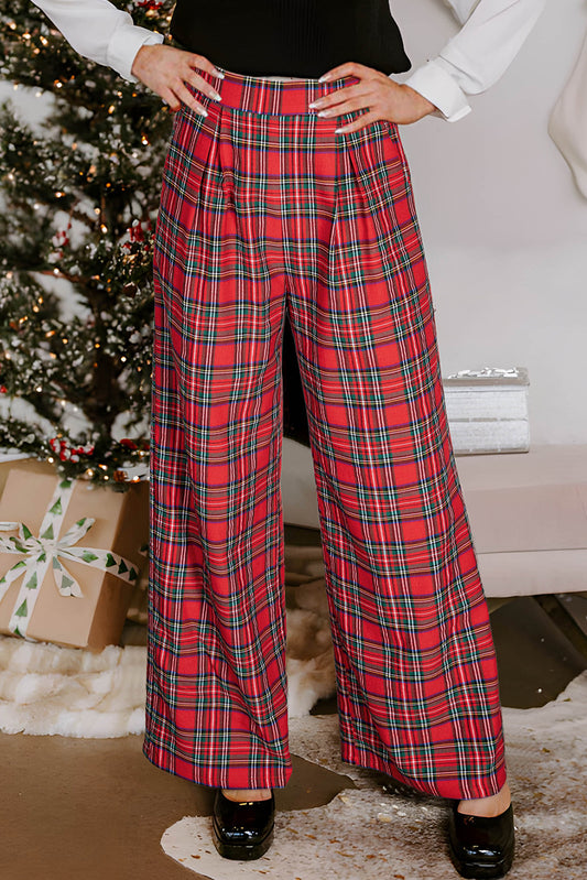 Red Christmas Plaid Wide Leg Pants