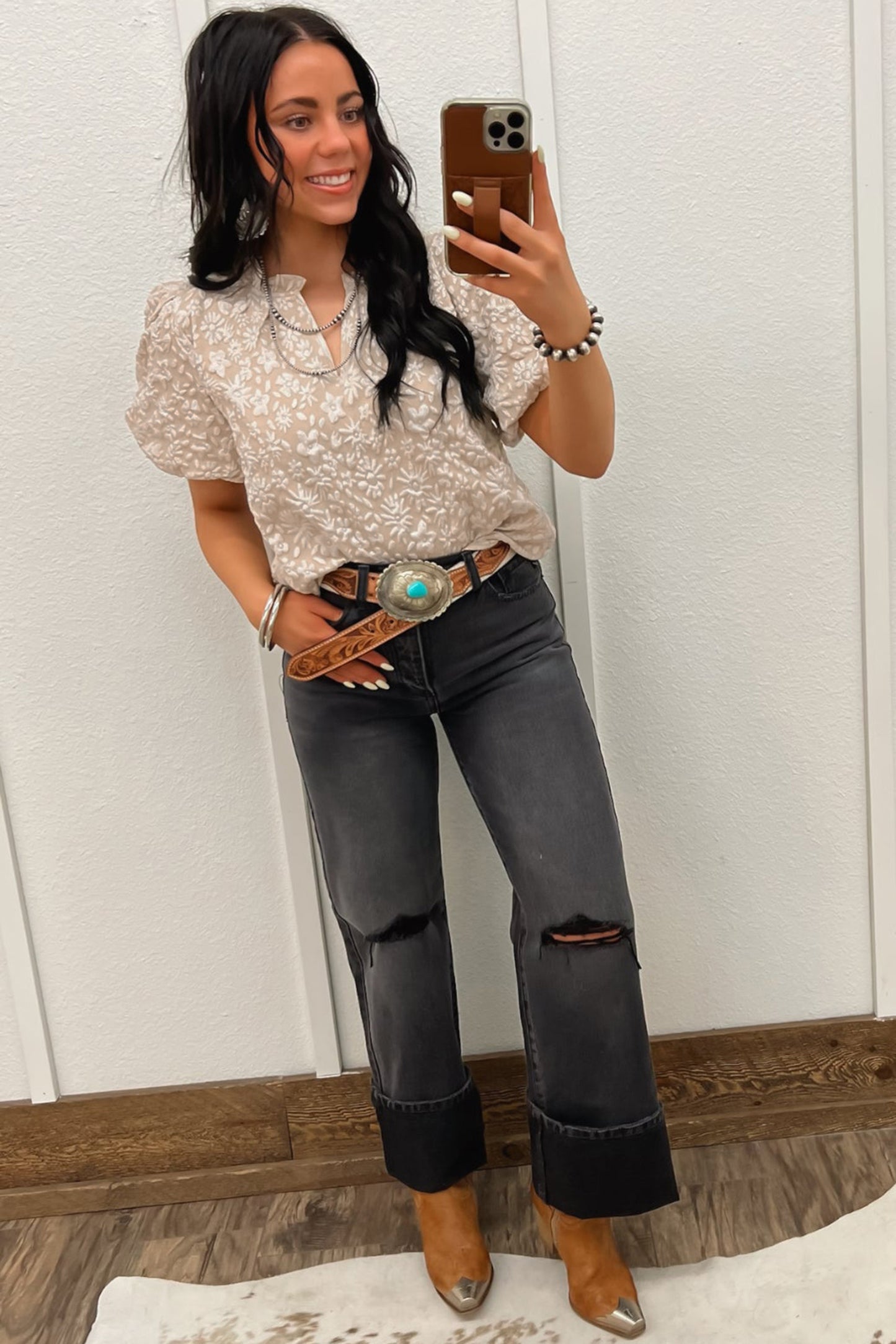 Textured Jacquard Puff Sleeve Blouse