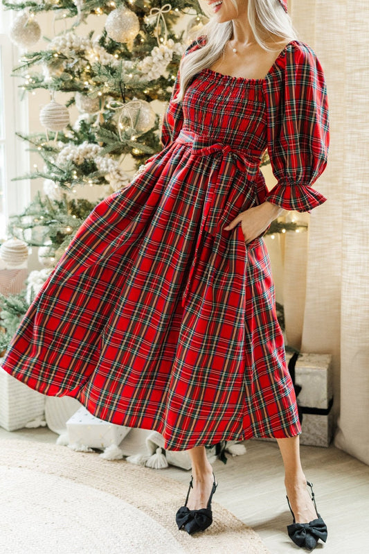 Christmas Plaid Flared Midi Dress