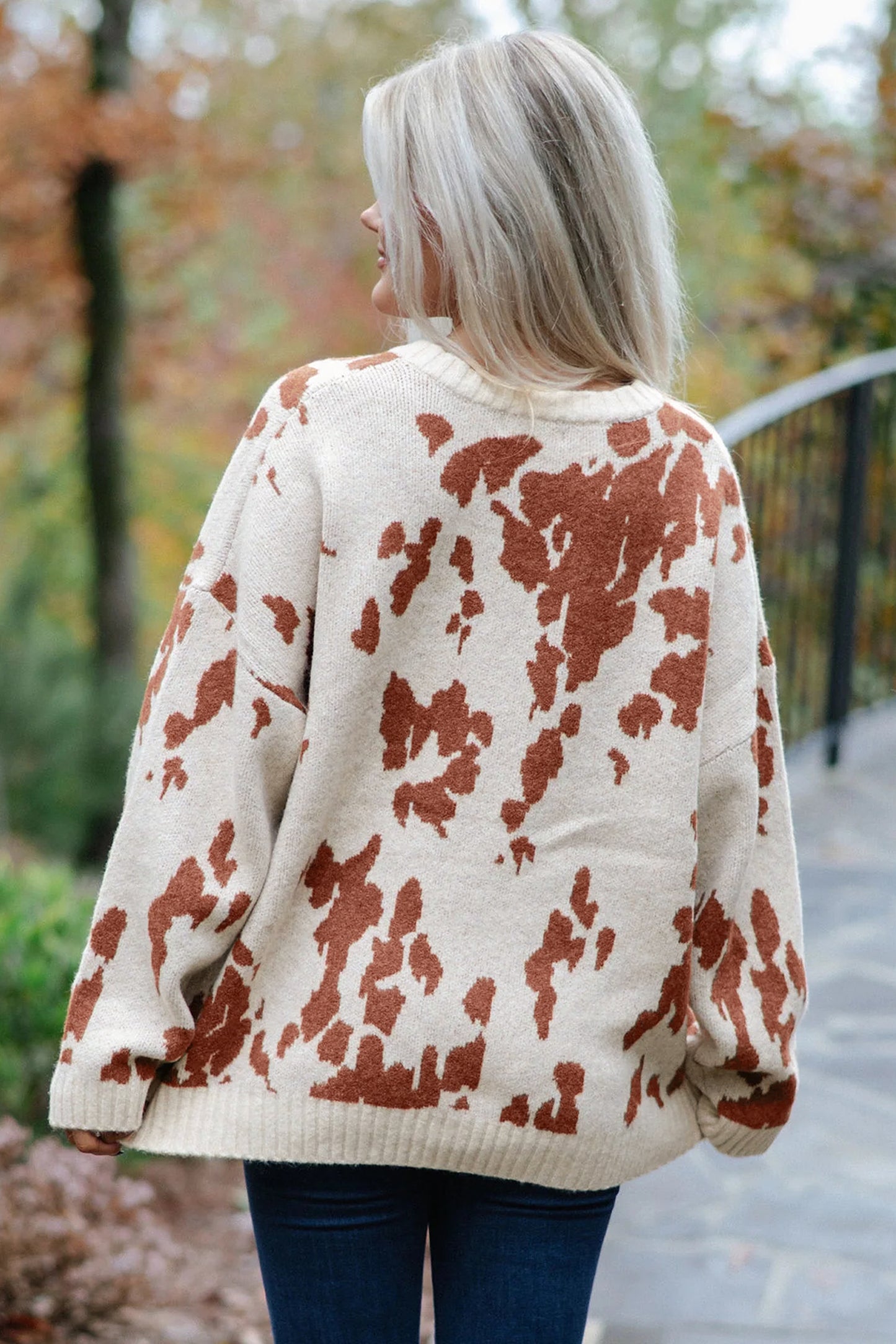Khaki Cow Print Neck Sweater