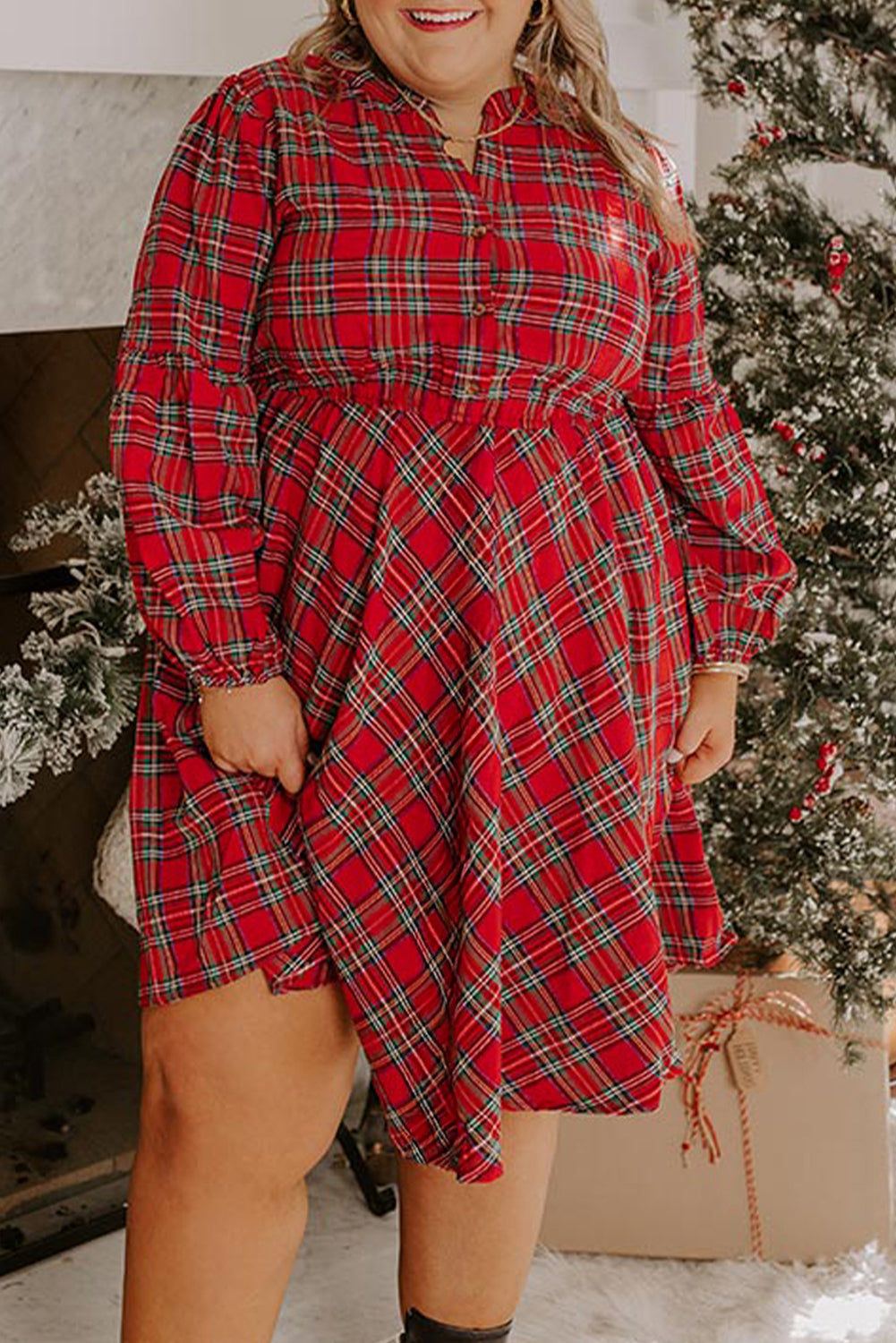 Red Christmas Plaid Holiday Dress - Plus