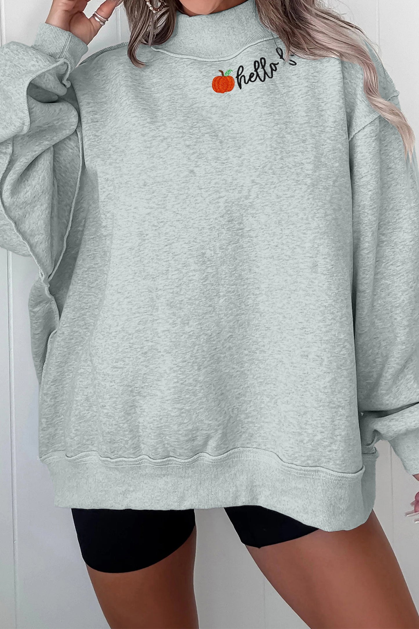 Gray hello fall Embroidered Sweatshirt