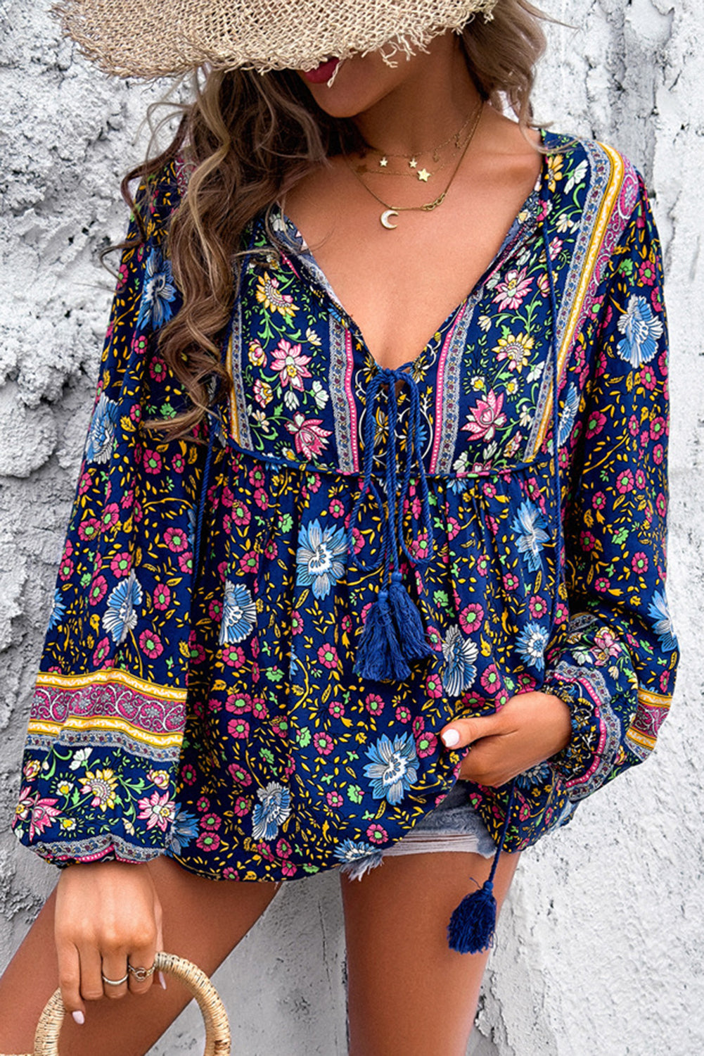 Tassel Tie Front Boho Blouse