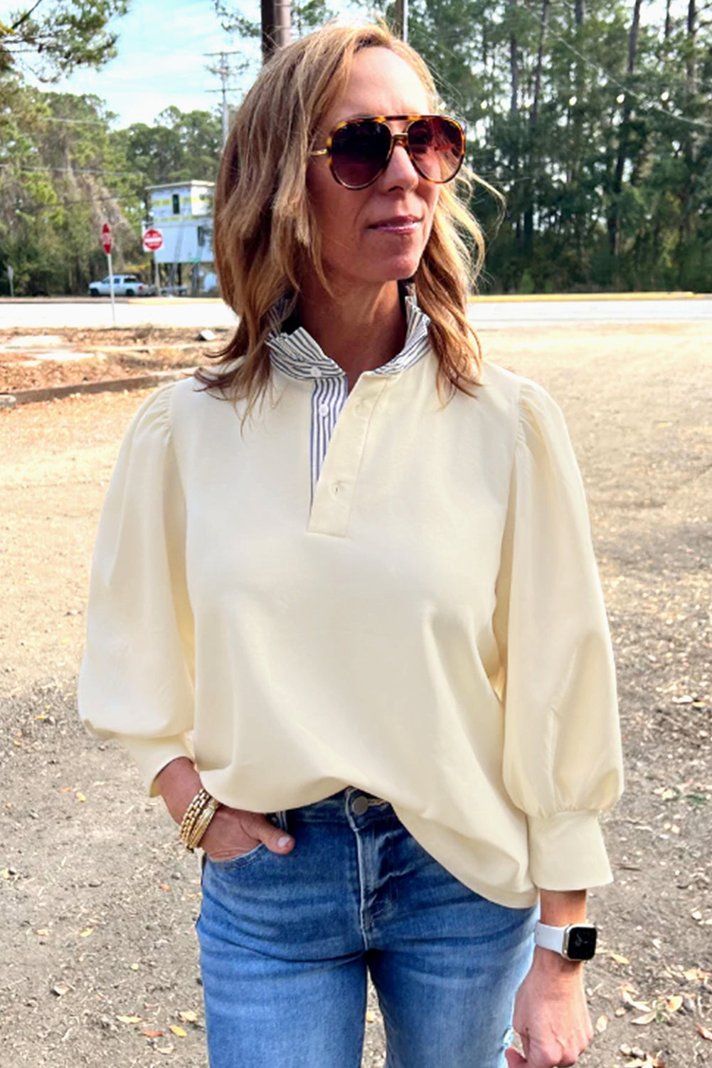 Striped Ruffle Button Neck Pullover
