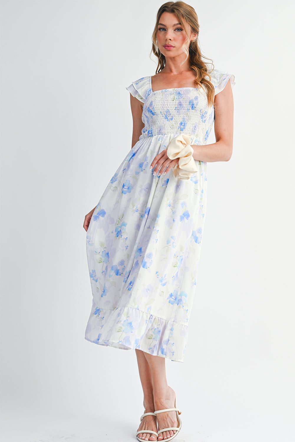 Sky Blue Floral Smocked Dress
