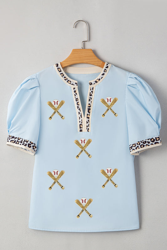 Blue Sequin Baseball Blouse with Leopard Trim
