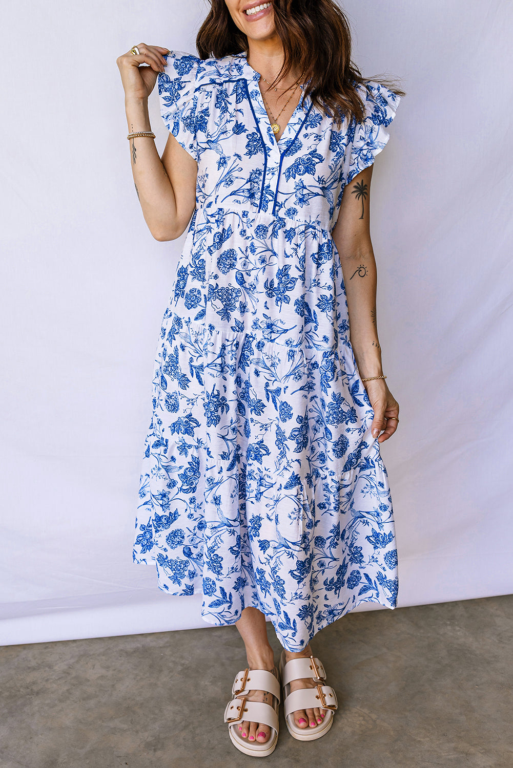 Blue Tiered Floral Midi Dress
