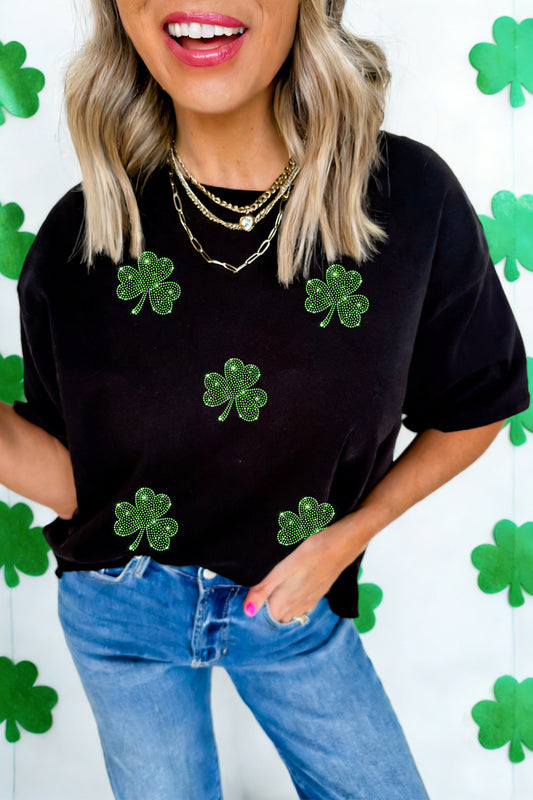 Black St Patrick's Day Rhinestone Shamrock Tee