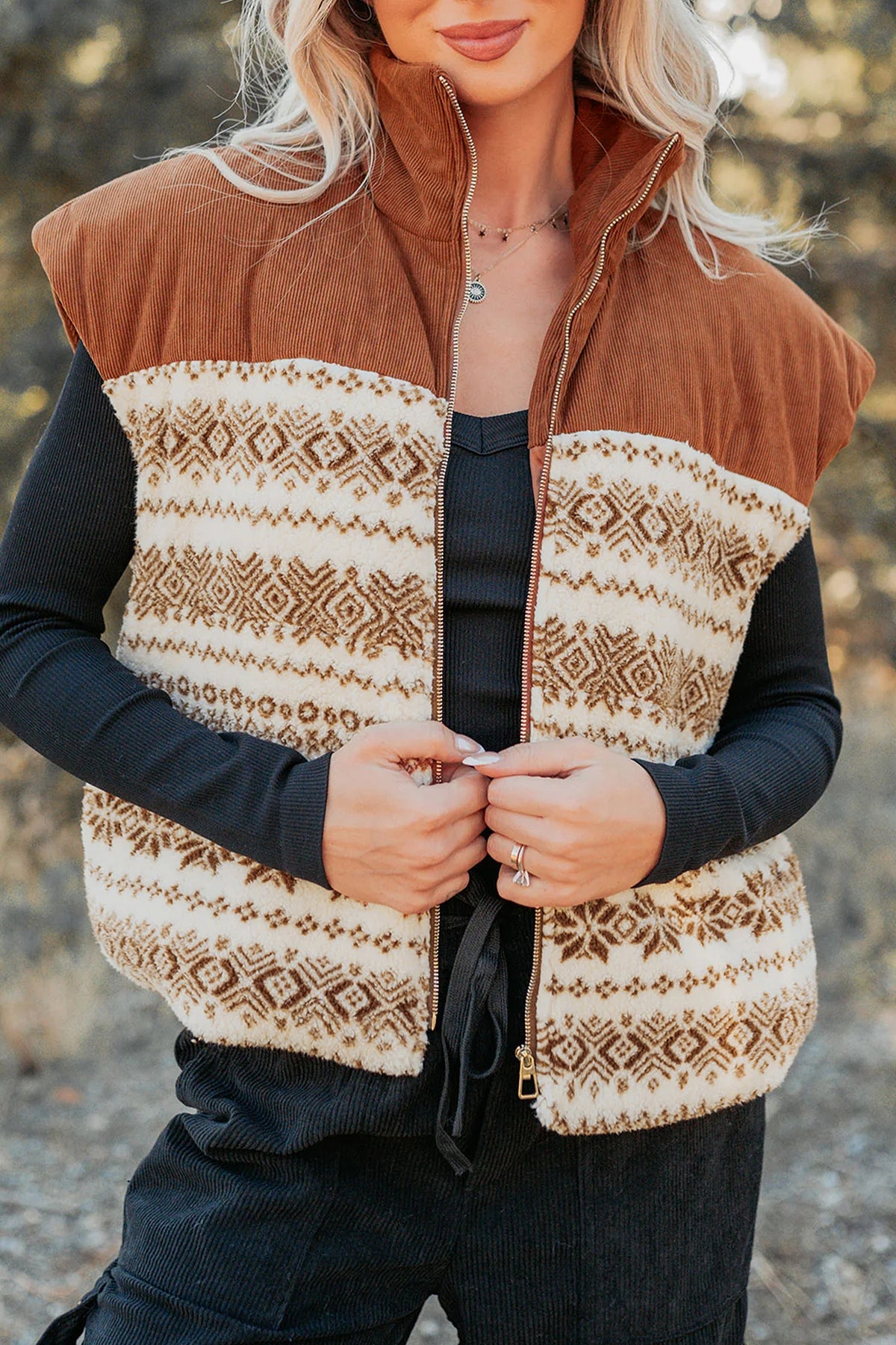 Brown Western Print Fleece Vest