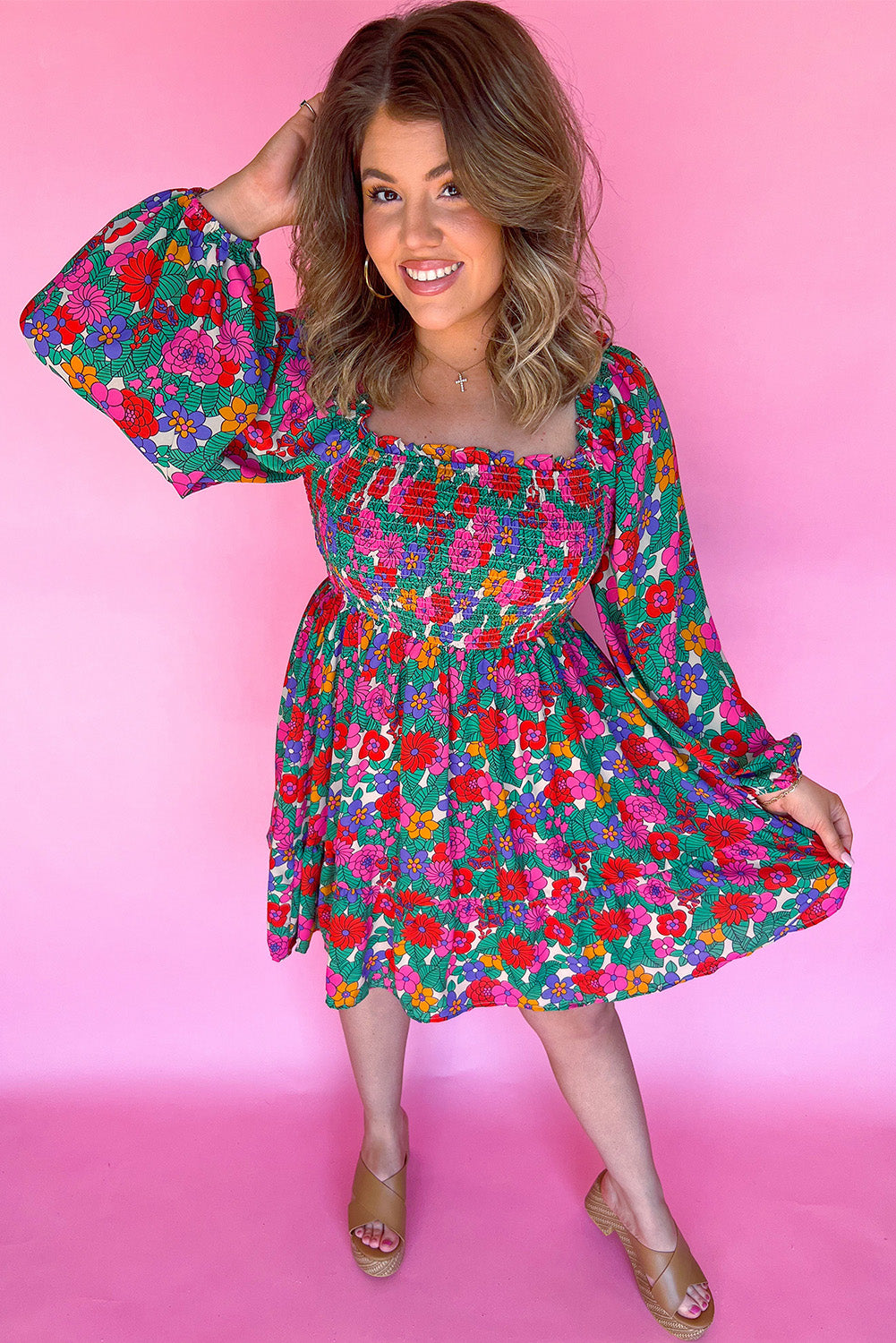 Square Neck Floral Shirred Dress - Plus